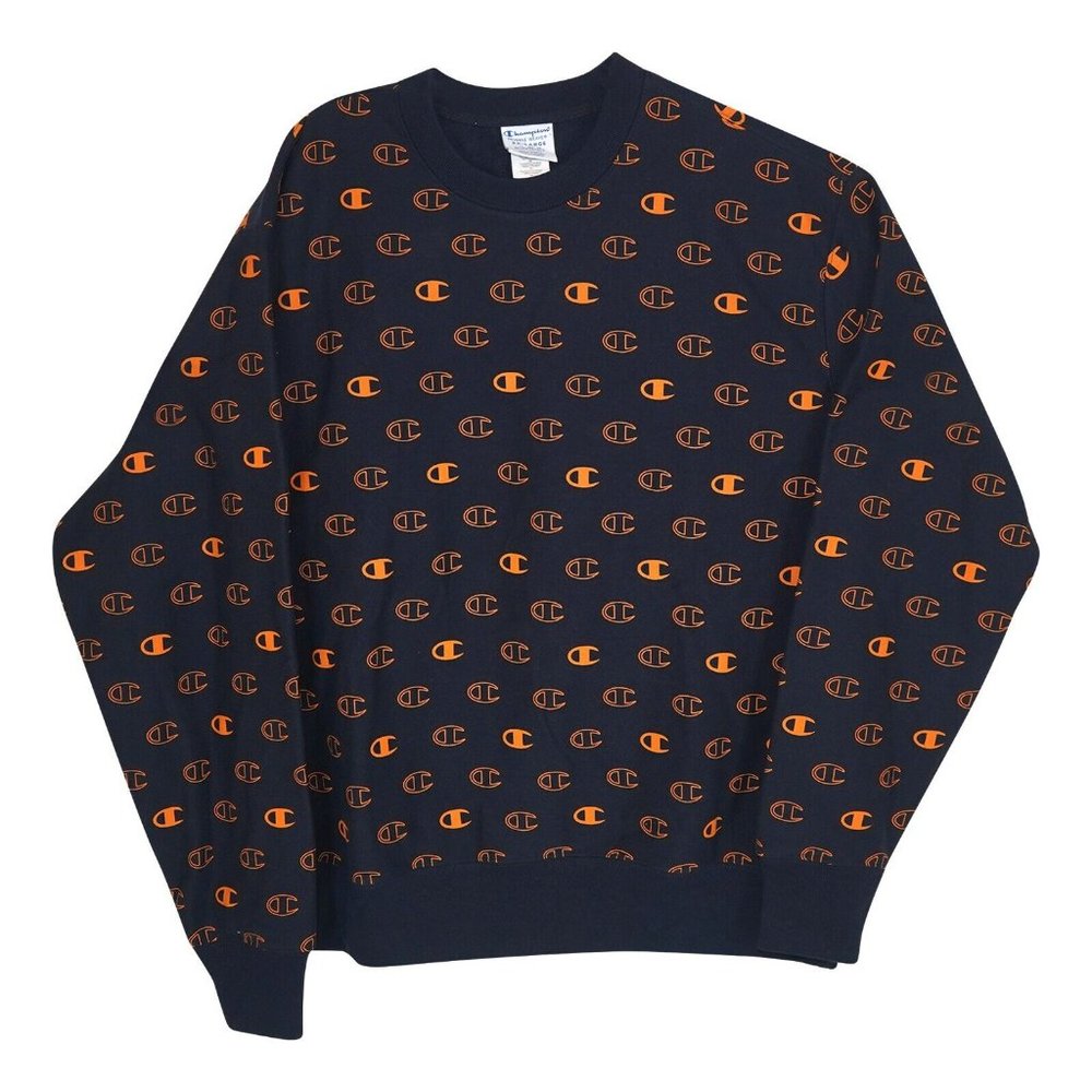 Good Condition Men Champion Reverse Weave Crew All Over Logo C Spaced Navy Small